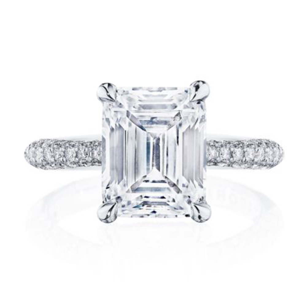 Emerald Cut Engagement ring on a diamond band