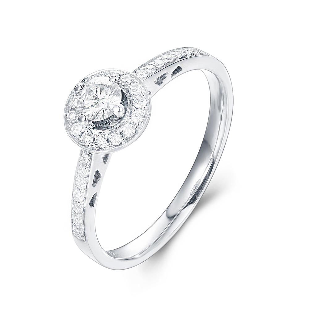 Round Brilliant cut diamond with a pave halo Engagement ring