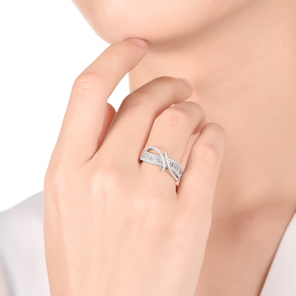Curved Baguette and Round Diamond Ring