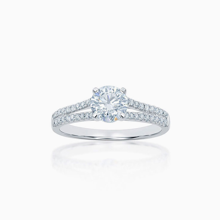 Round brilliant cut diamond on a split shank