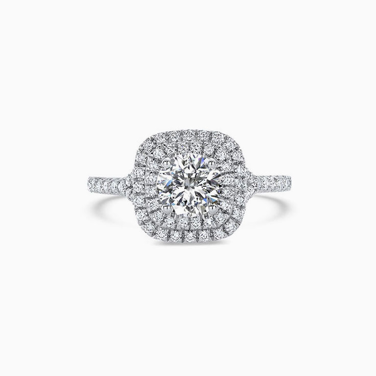 Round Diamond with a double cushion halo engagement ring