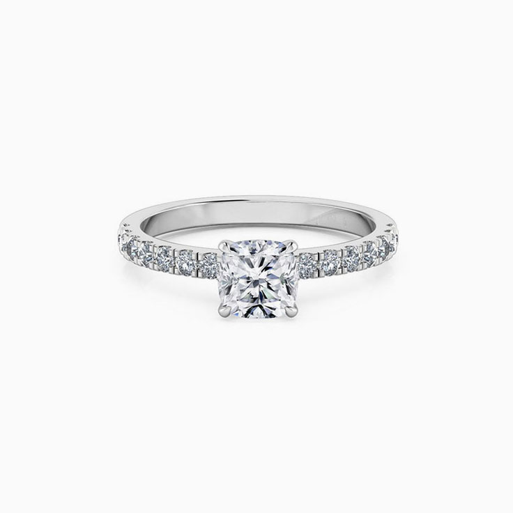 Cushion Cut Diamond Engagement Ring On A Pave Band