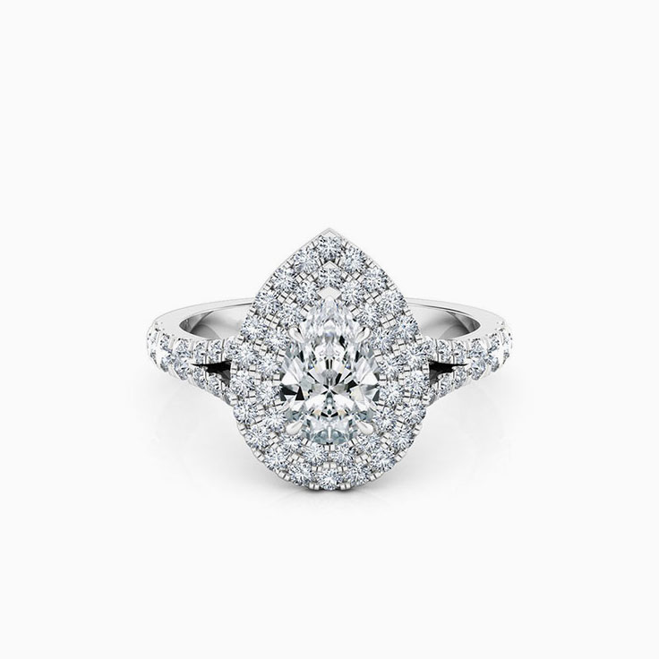 Pear cut engagement ring with double halo and split band
