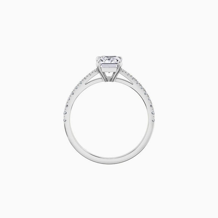 Radiant cut diamond engagement ring on a diamond band