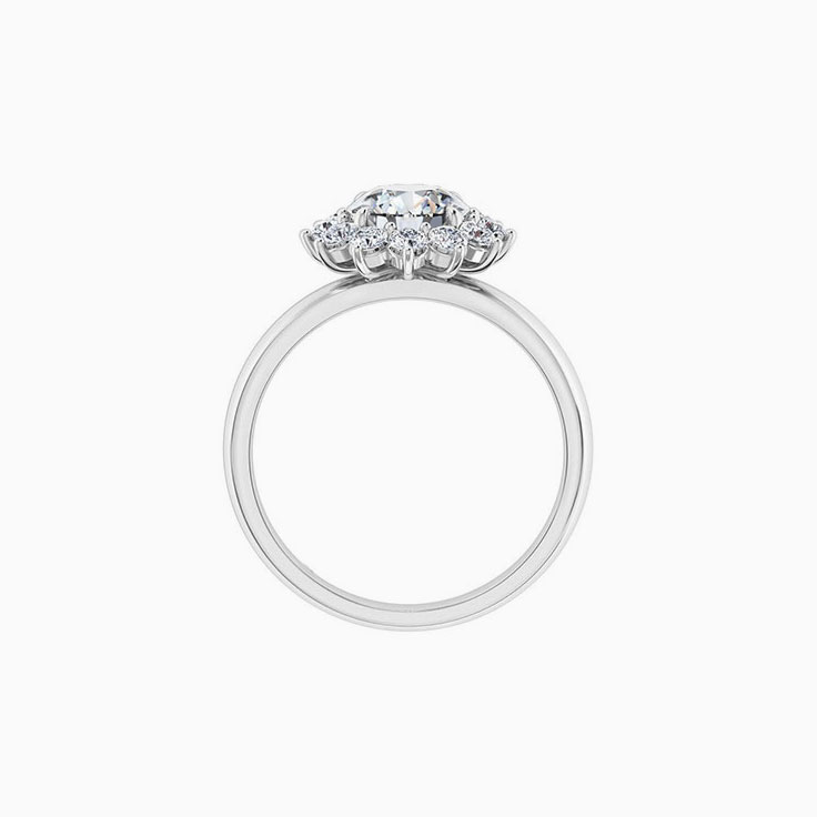 Round brilliant cut engagement ring with floral halo setting