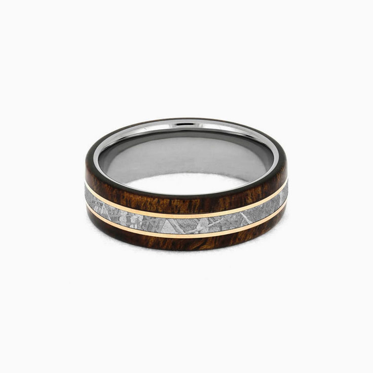 Meteorite Ring with Koa Wood and Gold Pinstripes